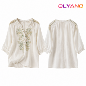 Damen Tunika Oberteil 3/4 Ärmel Leinen Bluse im Boho-Stil mit Stickerei in Waldgrün und Gold