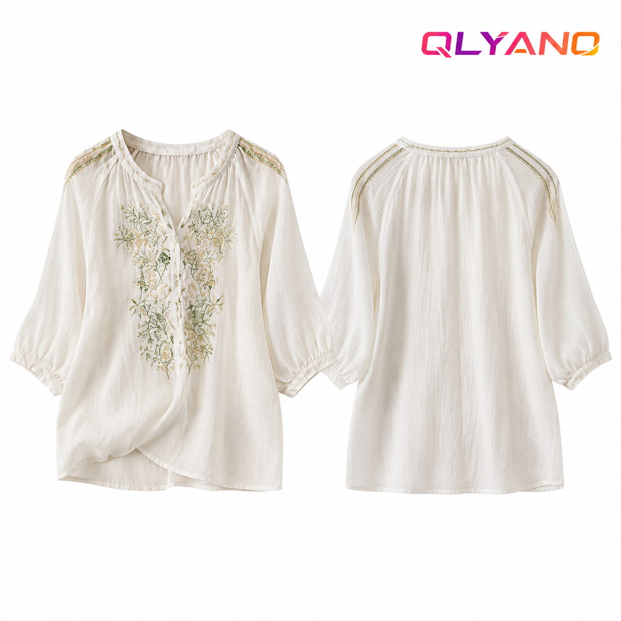 Damen Tunika Oberteil 3/4 Ärmel Leinen Bluse im Boho-Stil mit Stickerei in Waldgrün und Gold
